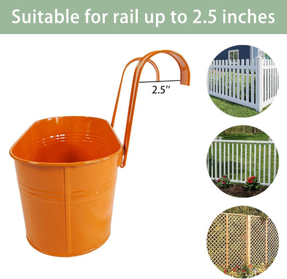 6 Pcs Railing Planter, 10" Metal Hanging Flower Pots for Outdoor Balcony Rails, Fence Pot Hanging Plant Holders with Detachable Hooks for Garden Patio Yard Decor (Multi-Color, 6Pcs)