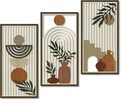 Putuo Decor Boho Wall Art Set of 3, Abstract Geometric Wooden Wall Decor, Mid-Century Modern Aesthetic Artwork with Arch, Vase & Botanical Design for Living Room, Bedroom, Office, 16.5 x 8.6 Inch