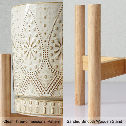 8 Inch Plant Pot with Stand, Ceramic Planter with Drainage Holes, Saucers and Mesh Pads for Indoor-Outdoor Plants