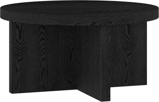 Henn&Hart 33" Round Wood Pedestal Low-Profile Coffee Table for Living Room, Family Room, Office or Apartment, Black Grain