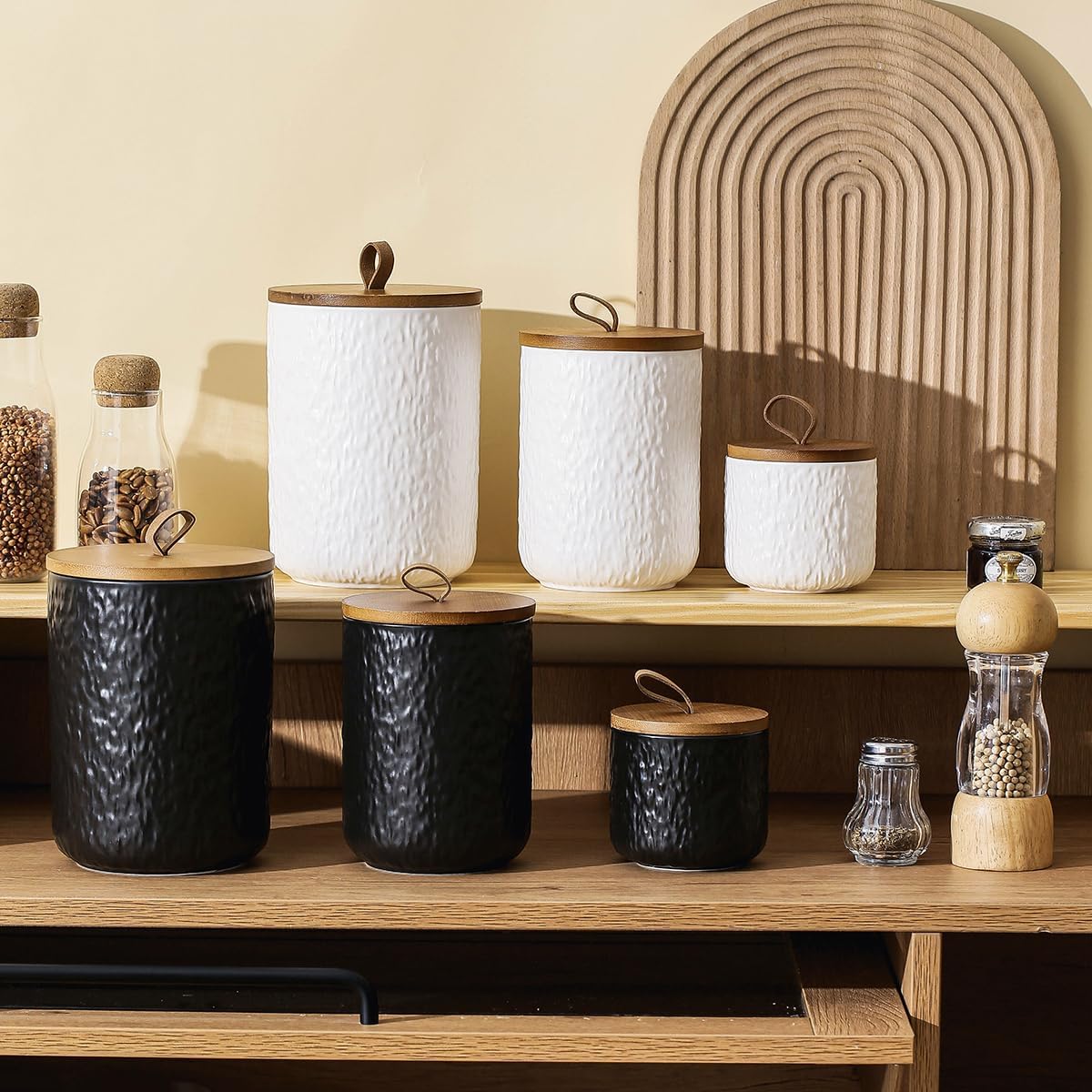 Black White Ceramic Coffee Canister Tea Canister with Seal Wood Lid, Airtight Coffee Storage Container for Coffee Bean, Ground Coffee, Sugar, Cookie Candy jar (White, 800ml)