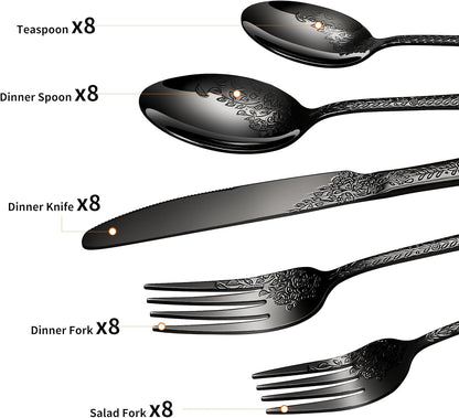 Floral 40 Pcs Black Silverware Set for 8, Food Grade Stainless Steel Flatware Set with Rose Flower Embossed Design, Eating Utensils Sets Include Fork/Knife/Spoon, Reusable Cutlery Set, Dishwasher Safe