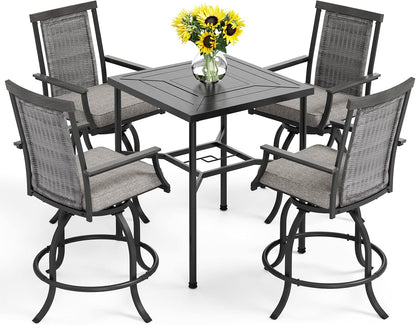 PHI VILLA 5 PCS Outdoor Bar Set,Counter Height Swivel Bar Chairs with Cushion and Metal Bar Table,Patio High Dining Set for Porch