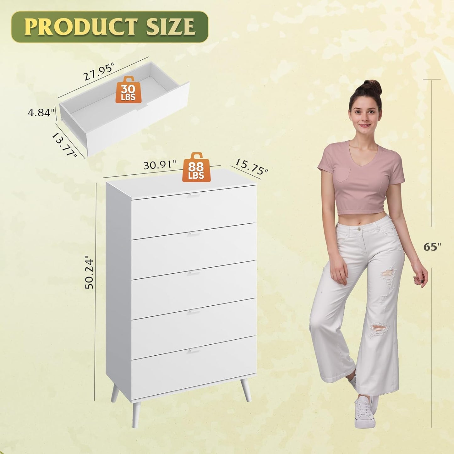 WLIVE 5 Drawer Dresser for Bedroom, Tall Wood Dresser, White Dressers Storage Organizer with Sturdy Metal Handle, Chest of Drawers for Living Room, Hallway, Closet