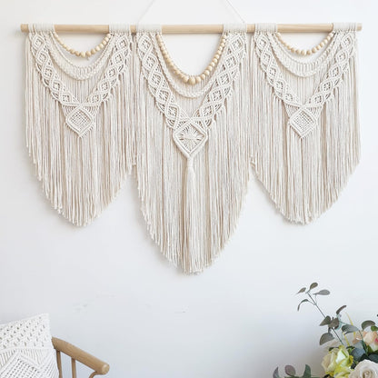 guzhiou large macrame wall hanging - Boho Tapestry Macrame Wall Decor Art- Chic Bohemian Handmade Woven Tapestry Home Decoration for Bedroom Living Room Apartment Wedding Party - 43"x32" (Wood bead)