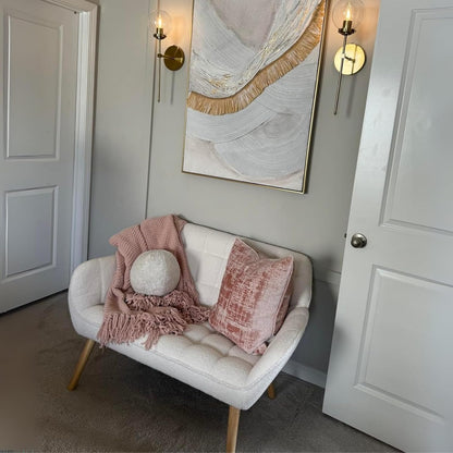 48”Small Loveseat Sofa, Modern Sherpa Upholstered Mini Couch 2-Seater Fluffy Love Seat with Quilting Backs and Wood Legs for Living Room, Bedroom and Small Space, White