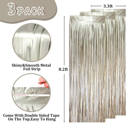 3 Pack 3.3 x 8.2 ft Matte Champagne Foil Fringe Backdrop Curtains, Gold Tinsel Streamers Party Decorations, Fringe Backdrop, Door Shimmer for Graduation, New Years Eve, Birthday Party