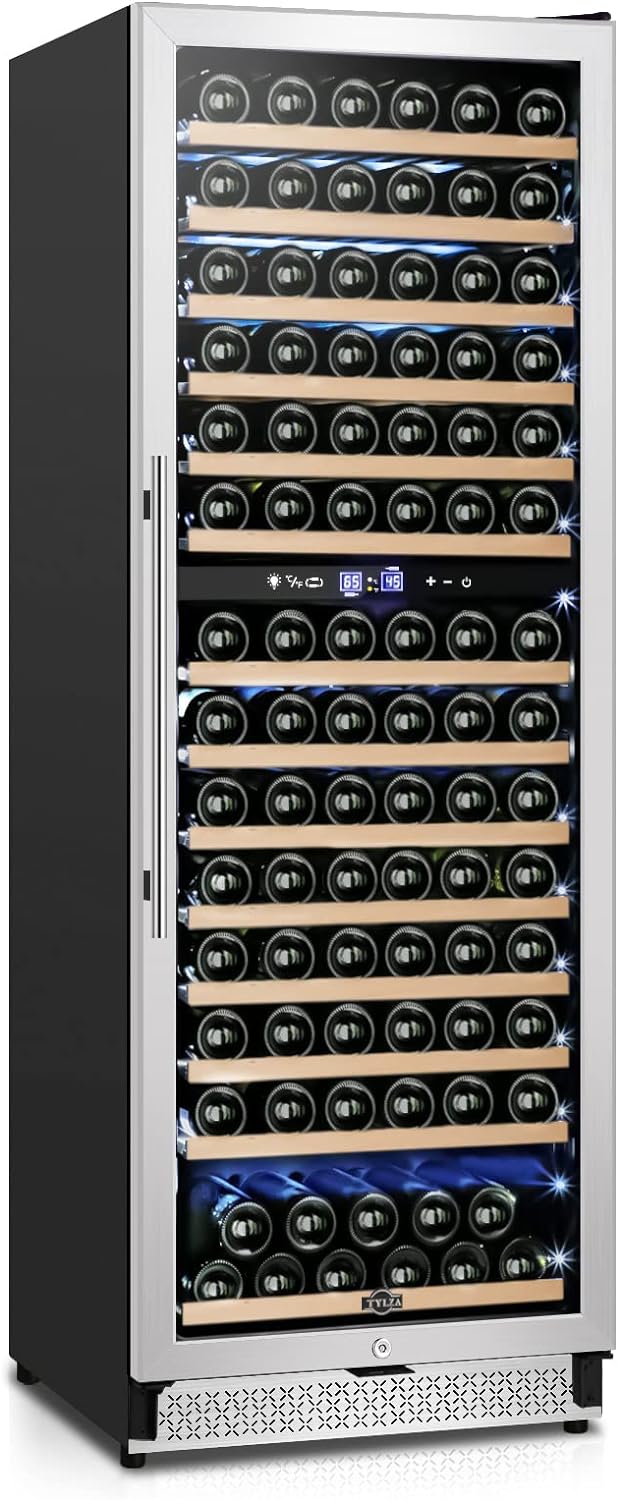 Tylza 24 Inch Wine Fridge Dual Zone, 180 Bottle Wine Cooler Refrigerator With Stainless Steel and Professional Compressor, Fast Cooling Low Noise and No Fog Built-in or Freestanding