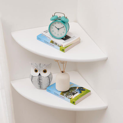 Corner Wall Shelves, White Floating Corner Shelf, Set of 2 16inch Solid Oak Wood Shelves, Round End Wall Mount Display Shelf with Wire Hole for Small Plant for Bedroom Kitchen, Living Room