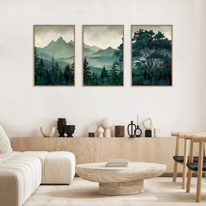 HLNIUC Green Foggy Forest Framed Canvas Wall Art Set,Watercolor Boho Pine Tree Wall Decor,Modern Misty Mountain Scenery Art Print,Nature Landscape Wall Painting for Living Room,Bedroom - 16”x24”x3