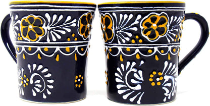 Encantada Handmade Hand-Painted Authentic Mexican Pottery Mugs (2-Pack, Blue Helecho)