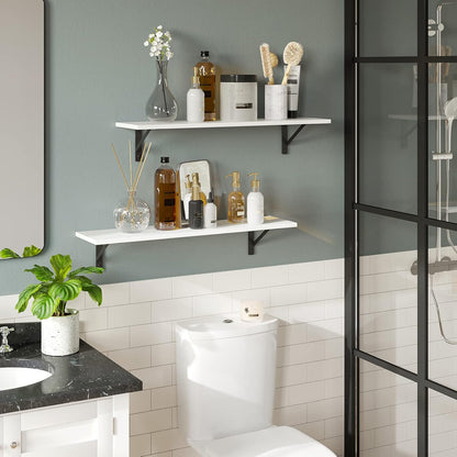 DINZI LVJ Long Wall Shelves, 31.5 x 7.9 x 6.1 Inches, Set of 2 White Floating Shelves, Easy-to-Install, Large Storage Ledges with Sturdy Metal Brackets for Living Room, Bathroom, Bedroom, Kitchen