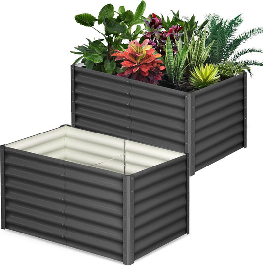 Galvanized Raised Garden Bed Outdoor, 2 Pcs 6x3x2FT Outdoor Large Planter Raised Beds Open Base with Safety Edge and Glove for Vegetables Flowers Ground Planter, Dark Gray