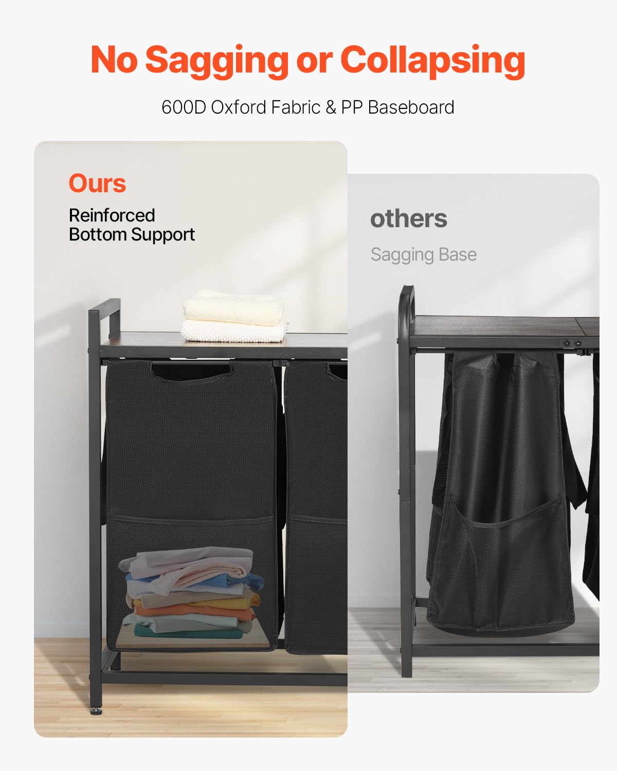 VEVOR 3 Section Laundry Sorter, Large Laundry Hamper with Metal Frame and Wooden Tabletop