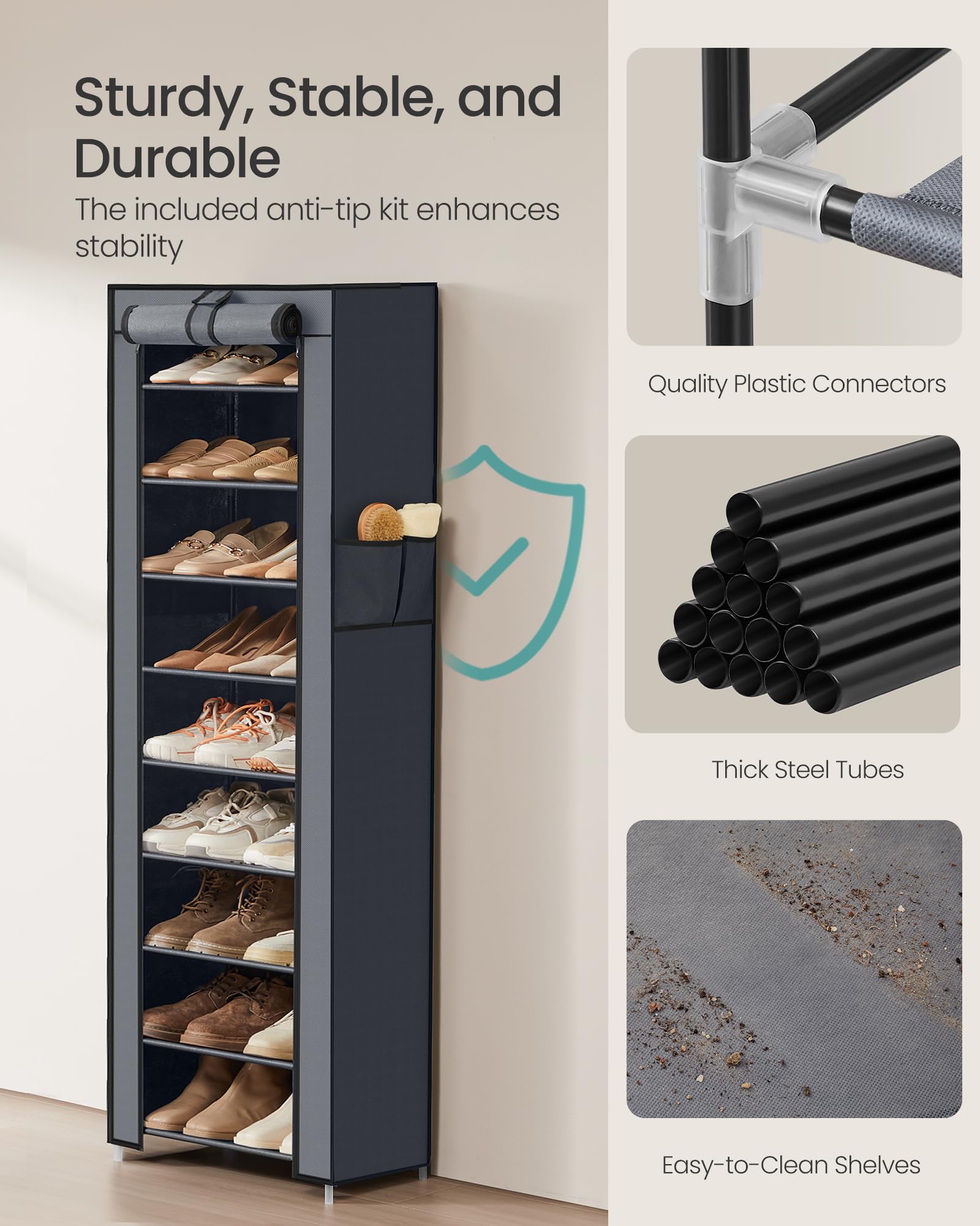 SONGMICS 10-Tier Shoe Rack, Shoe Storage Cabinet with Dustproof Cover, Free-Standing Storage