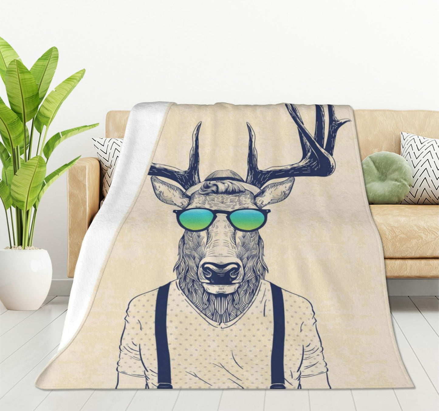 HGOD DESIGNS Deer Throw Blanket Deer Dressed up Like Cool Hipster Blanket Super Soft Flannel Throw Blanket Lightweight Plush Fuzzy Bed Blanket for Bedding Sofa and Travel 50"X60"