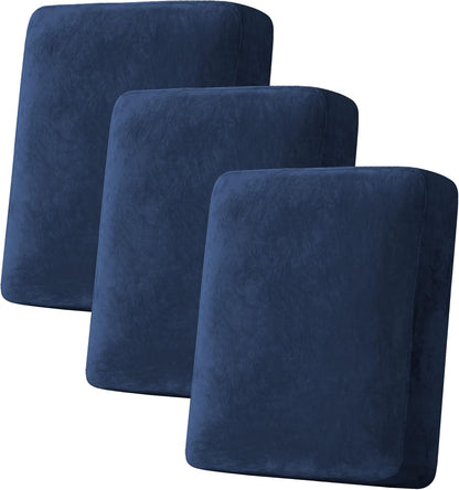 H.VERSAILTEX Velvet Stretch Couch Cushion Cover Plush Cushion Slipcover for Chair Loveseat Sofa Cushion Furniture Protector Seat Cushion Sofa Cover (3 Piece Sofa Cushion Covers, Navy)