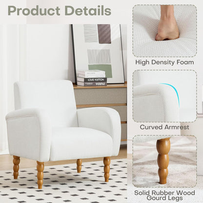 Chenille Fabric Accent Chairs Set of 2, Upholstered Armchair with Solid Wood Legs, Modern Living Room Accent Chair, Comfy Single Sofa Reading Club Chair for Bedroom Reception Lounge, White