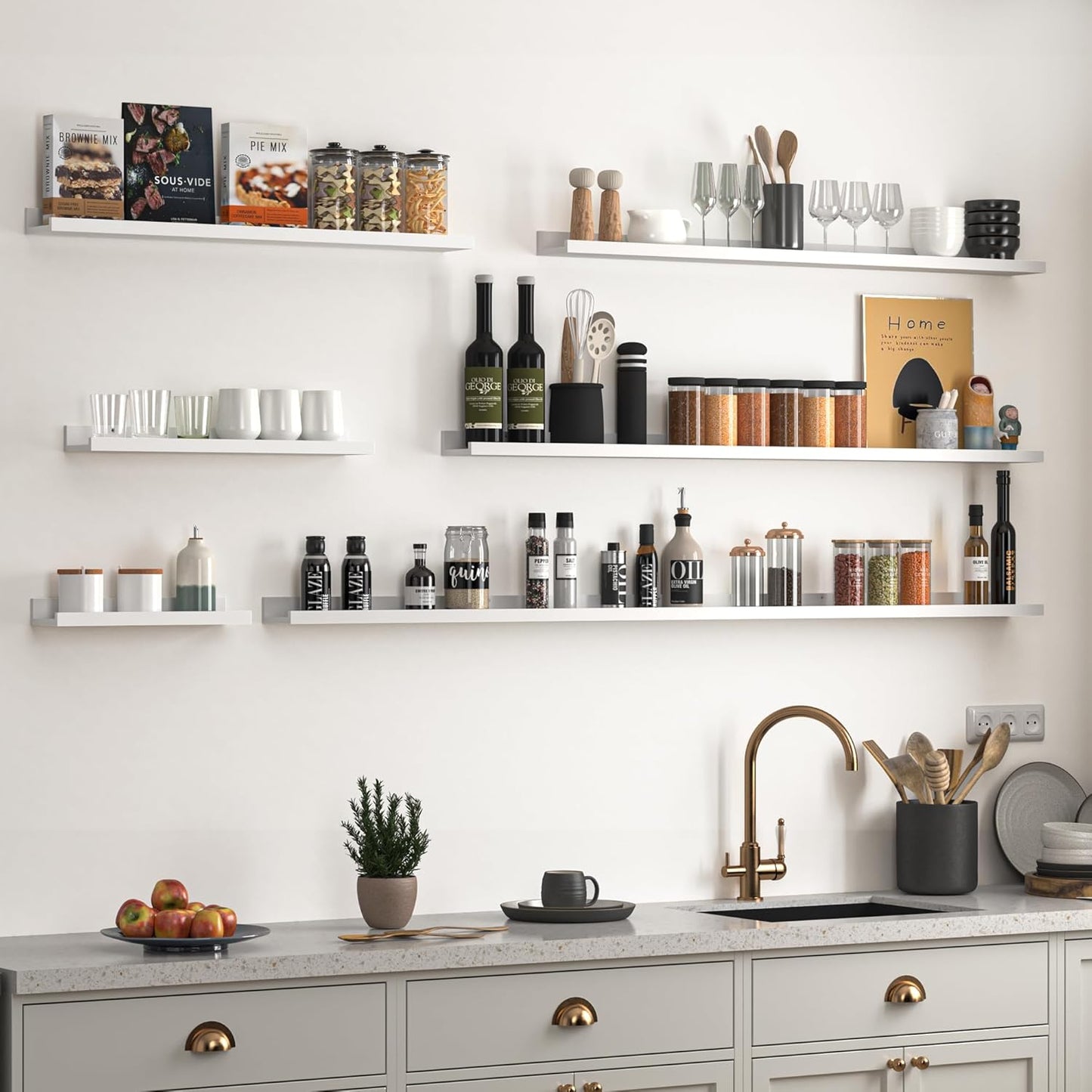 Heimlove Picture Ledge Shelf, Floating Shelves Set of 2, 16 Inches Picture Shelf for Wall with Ledge, Kids Bookshelf Wall Mounted for Living Room Bedroom Decor Books Photo Frames - White