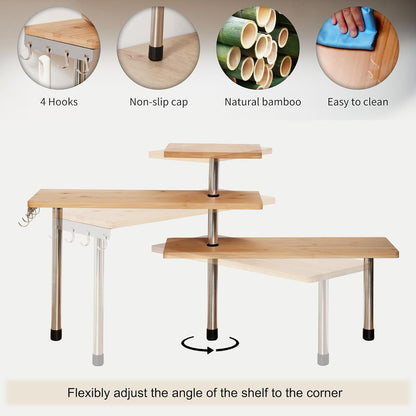 HYNAWIN Corner Shelf, 3 Tier Bamboo & Metal Storage Spice Rack-Desk, Space Saving Bookshelf with Hooks, Adjustable Display Shelf for Creative Home Décor Kitchen, Bedroom, Office (21CO)