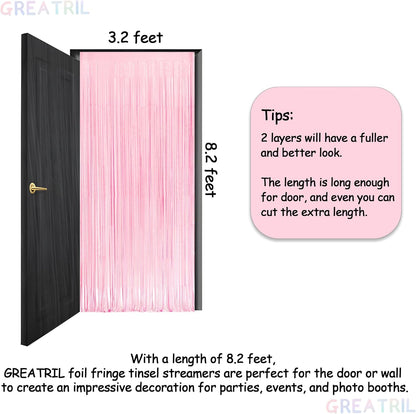 Pastel Pink Party Backdrop Decoration - GREATRIL Baby Pink Foil Fringe Streamers for Baby/Boo Day/Valentines/Cowgirl/Sweet/Cloud/Unicorn/Princess/Bow Themed - 3.2ft X 8.2ft - 2 Packs