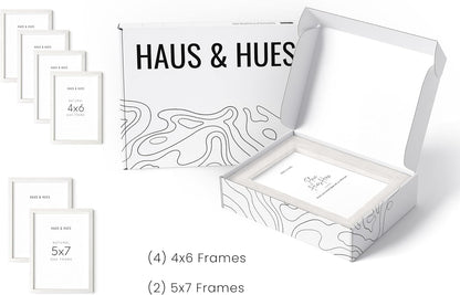 HAUS AND HUES White Oak Wood Gallery Wall Tabletop Frames Made with Real American Oak and Shatter-free Plexiglass - Set of 6 (Four 4x6, Two 5x7, Framed White)