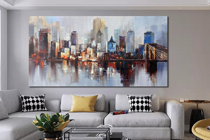 Arjun Brooklyn Bridge Wall Art Modern New York City Abstract Canvas Cityscape Painting, NYC Skyline Textured Picture for Living Room Bedroom Home Office Wall Decor Extra Large Size Framed 58"x29"