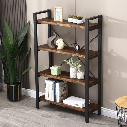 Solid Wood Bookshelf, 4-Tier Rustic Vintage Industrial Etagere Bookcase, Open Metal & Wood Vintage Book Shelf, Retro Brown