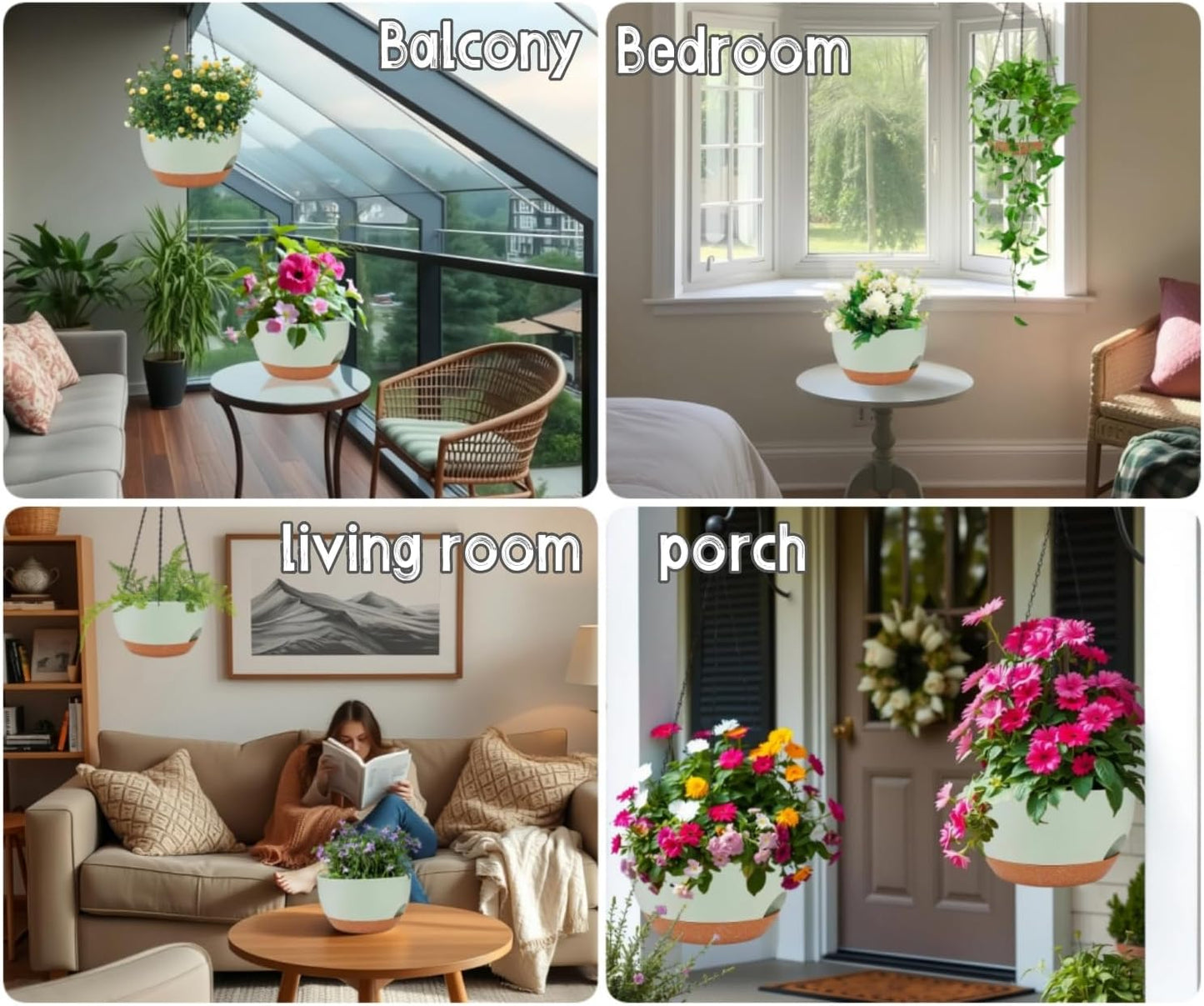 2 Pack 12 Inch Large Hanging Planters with Chains Self Watering Green Brown Plastic Hanging Pots for Indoor Outdoor Plants, Garden Porch Home Decor，Green Brown