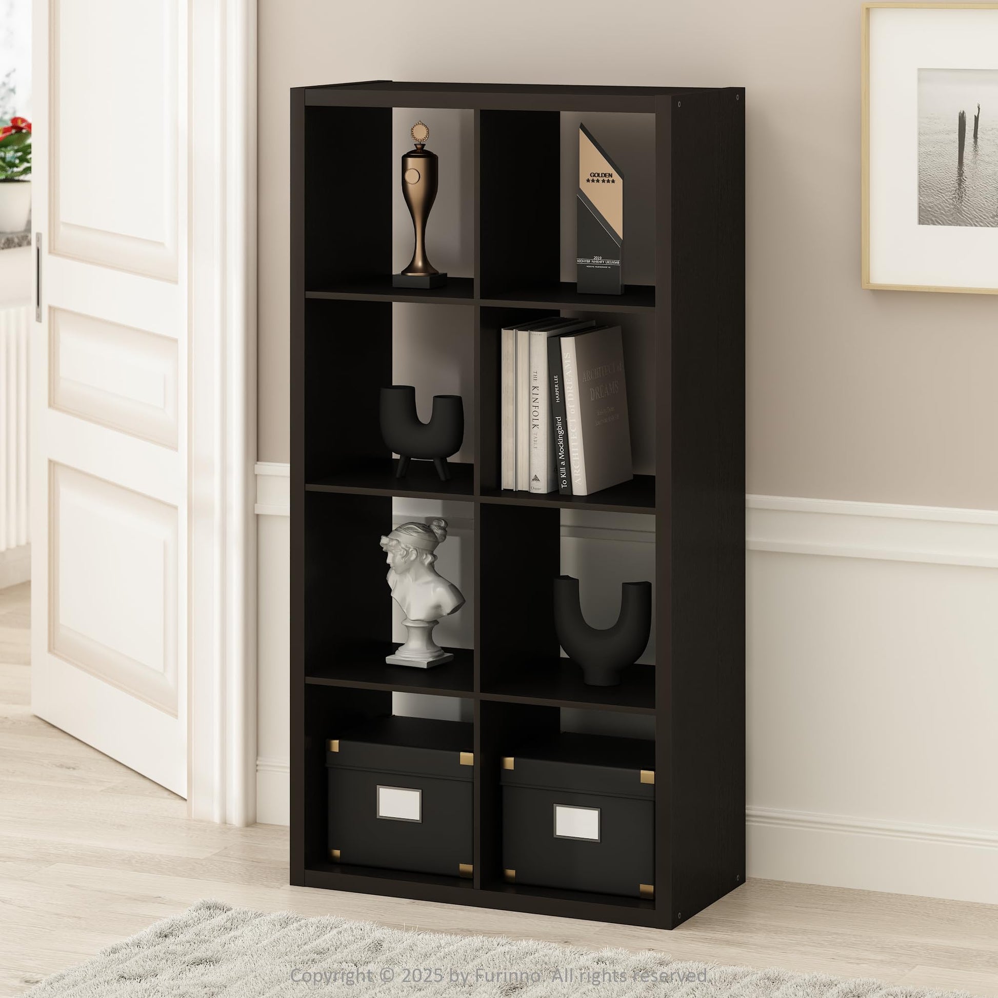 Furinno Simple 8-Cube Storage Organizer, Display Shelf, Dark Oak
