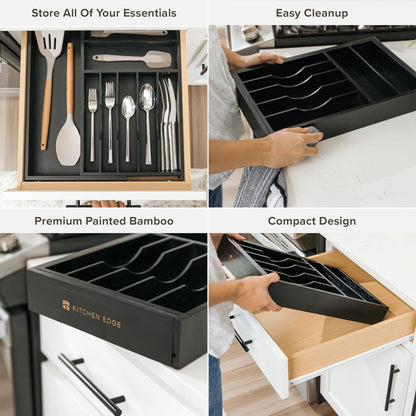 Premium Silverware, Flatware and Utensil Organizer for Kitchen Drawers, Food-Safe Contract Grade, Expandable from 10.5 to 19 In, Black Bamboo