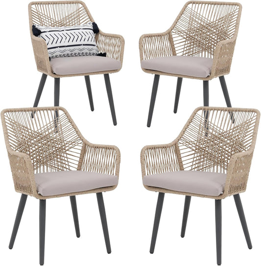 Patiorama Patio Dining Chair Set of 4, Woven Rope Outdoor Dining Chairs w/Steel Frame, All-Weather Twisted Rattan Chairs w/Armrest & Cushion, Outdoor Dining Wicker Chairs for Backyard Garden(Beige)