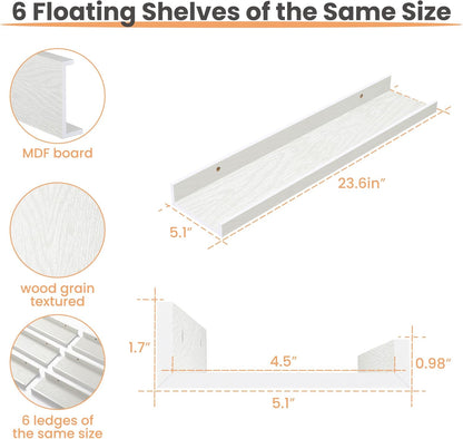upsimples Floating Shelves for Wall, Wall Shelves for Decor Storage Set of 6, Wall Mounted Wood Shelf for Bedroom, Living Room, Bathroom, Kitchen, 23.6 inch Long Picture Ledge Shelf, White