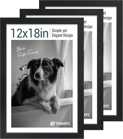 12x18 Poster Frame Set - 3 Pack, Textured Black Solid Wood with HD Tempered Glass, Wall Gallery Picture Photo Frame