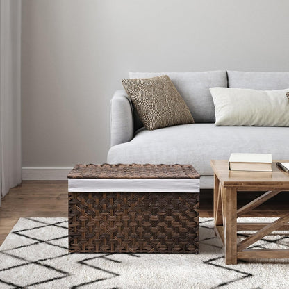 Wicker Storage Basket with Lid, 27.7 Gallon (105L) Large Blanket Basket with Lid, Woven Storage Bin with Handles, Removable Liner, Metal Frame, Foldable, for Bedroom, Laundry Room, Brown