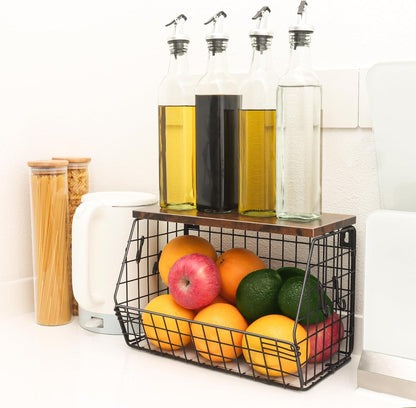 Fruit Bowl, Stackable Wall Mounted Fruit Basket of Smooth Wood Lid with 4 Banana Hanger Hooks, Metal Kitchen Counter Organizer for Snack, Fruit and Vegetable Storage, 11.8 * 7.9 * 8.5 Inches