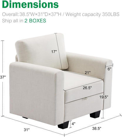 38.5 Oversized Accent Chair with Storage Beige Set of 2, Single Modern Accent Sofa Chair with Arms for Apartment Living Room Linen(21" Deep Seat)