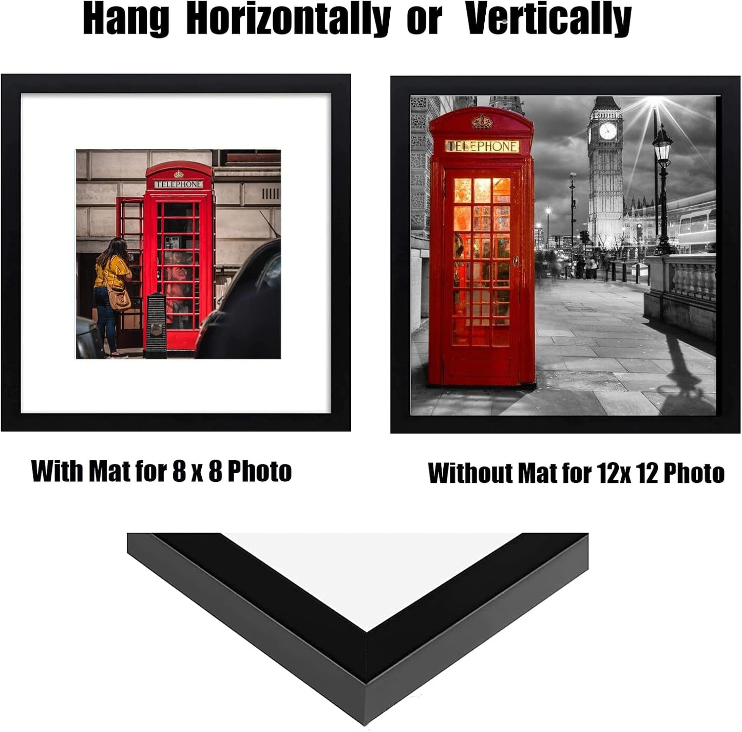 12x12 Picture Frame Set of 6, Display Pictures 8x8 with Mat or 12x12 Without Mat for Wall Mounting,Black