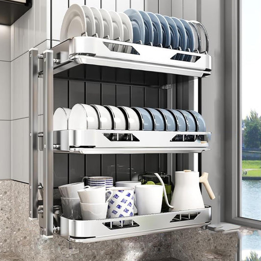 Dish Drying Rack with Drain Board - Rustproof Stainless Steel Dish Rack with Utensil Holder,Dish Racks for Kitchen Counter Over Sink,Over-Sink Drying Rack(Wall-Mounted,Third Floor)