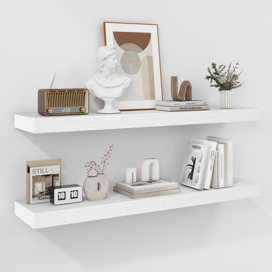 Fun Memories 36 Inch Floating Shelves - Deep Rustic White Wooden Wall Shelves - Extra Deeper & Thicker Wall Mounted Storage Shelf for Bedroom, Kitchen, Farmhouse - 2 Pack, Rustic White