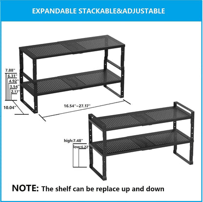 Expandable,Adjustable & Stackable Spice Rack, Cabinet Kitchen Countertop Shelf Organizer,Metal Pantry Storage Shelves - Space-Saving Storage Solution(2Packs/Black/Large)