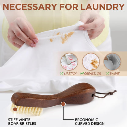 TAKAVU Stain Brush, Laundry Brush for Stain Removal, Natural Boar Bristle Cleaning Brush with Ergonomic Handle, Suitable for Delicate Fabrics Without Damage, Perfect Laundry, Shoes, Boots, Home