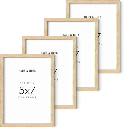 HAUS AND HUES Natural Wood Frames 5x7 Set of 4 - Bulk Photo Frames with Beige Oak Finish