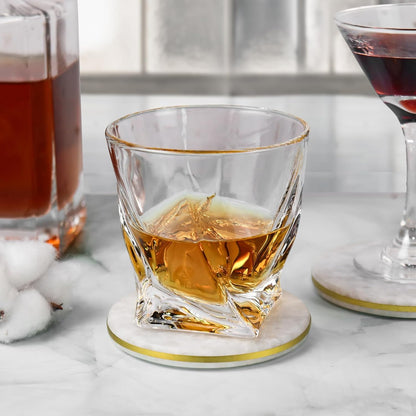 White Marble Coasters Set of 4 with Elegant Gold Brass Ring, Natural Marble Stone Coasters with Silicone Feet for Table Protection, Elegant Home Decor and Bar Tools