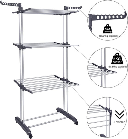 Bigzzia Clothes Drying Rack Folding Drying Rack Clothing 4 Tier Clothes Horses Rack Stainless Steel Laundry Drying Rack with Two Side Wings Grey