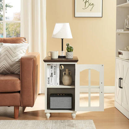 Narrow Side Table Set of 2,White Nightstand with Charging Station,End Table with Glass Barn Door Storage, Cabinet Organizer with Adjustable Shelf, Night Stand for Small Spaces Living Room Bedroom