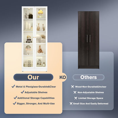 5 Tier Metal Curio Cabinets, Modern Bookshelf Cabinet with 4 Adjustable Shelves, Cabinet Display Case for Home Office, Living Room, Pantry (White-27.5W)