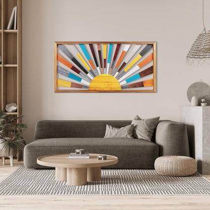 IARTTOP Large Boho Sun Wall Art Framed Wooden Art Wall Decor Rainbow Sun Rising On The Horizon Geometric Line Sunshine Wall Art for Living Room Bedroom Office 16"x32"