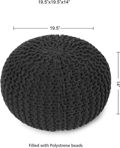 REDEARTH Round Pouf Foot Stool Ottoman - Cotton Hand Knitted Dori Pouffe - Cord Boho Home Décor - Stuffed Cable Poof for Living Room - Bedroom (19.5"x19.5"x14") - Dark Gray