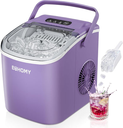 EUHOMY Countertop Ice Maker Machine with Handle, 26lbs Per Day, 9 Ice Cubes Ready in 6 Mins, Auto-Cleaning Portable Ice Maker with Basket and Scoop, for Home/Kitchen/Camping/RV (Purple)